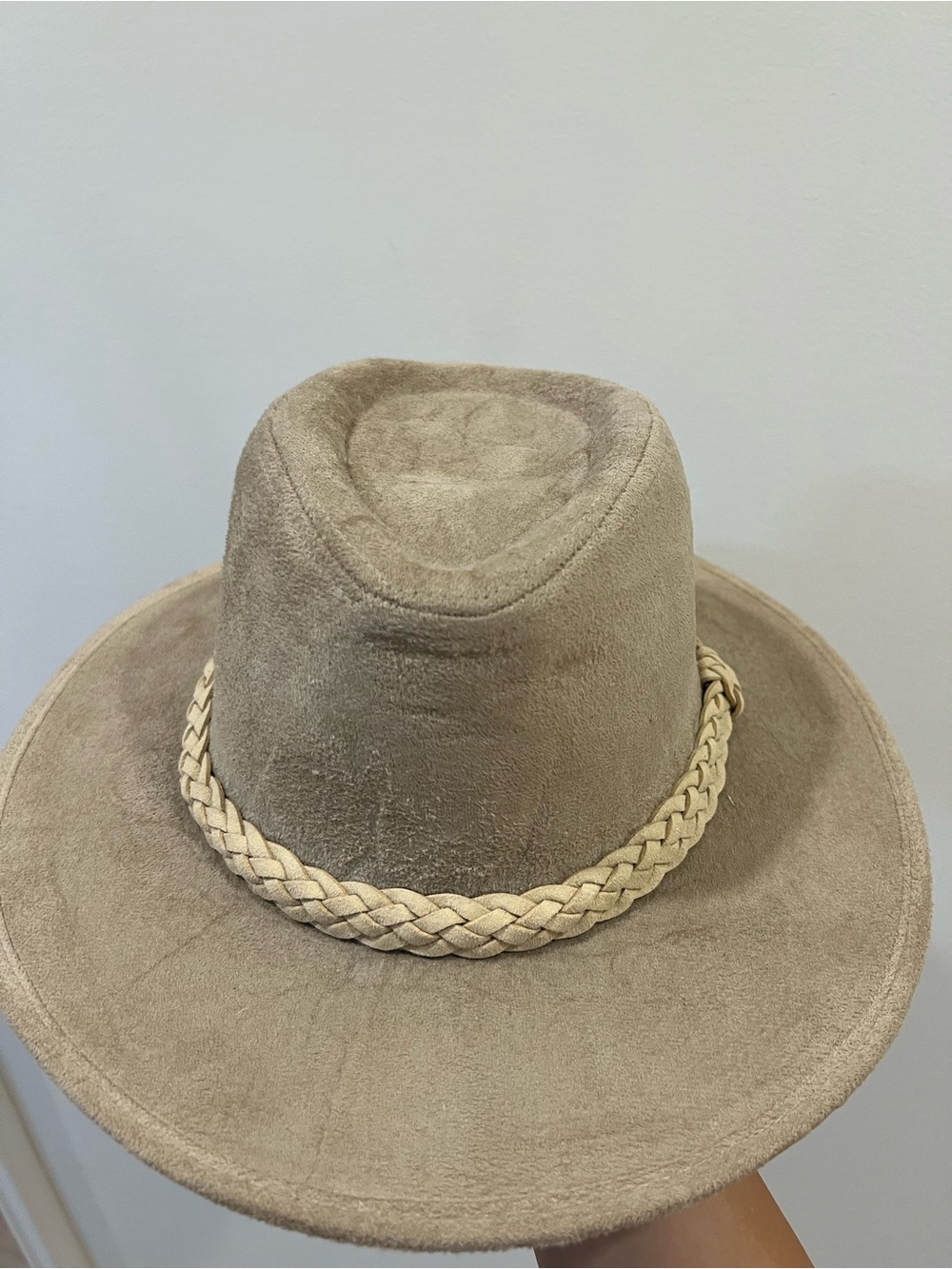 Suede Braided Band Wide Brim Fedora Hat – Beige
